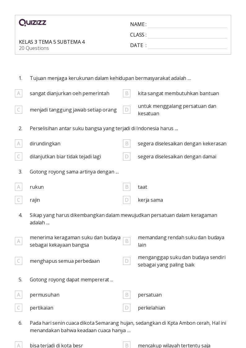 3 Lembar Kerja Soal Kelas 3 Tema 5 Subtema 4 Siap Cetak, Wajib Dicoba!