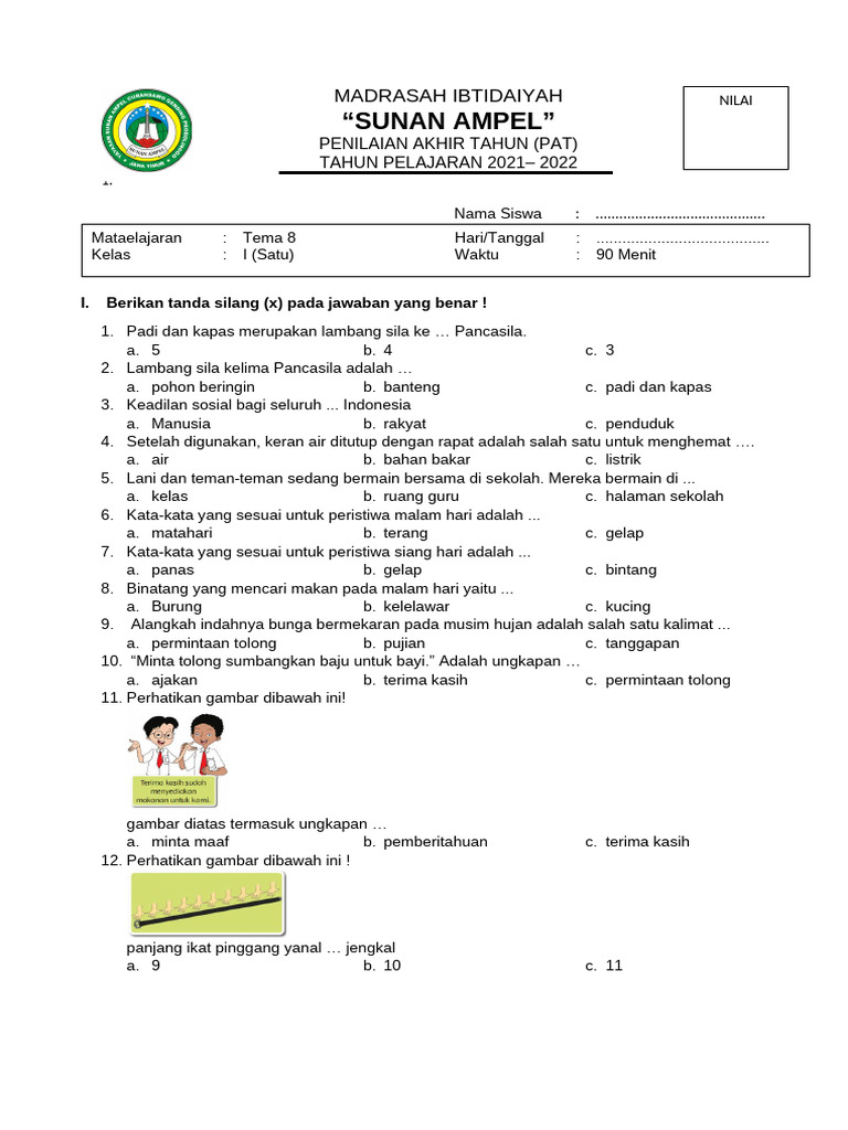 Soal PAT Kelas 1 Tema 8 Pancasila PDF