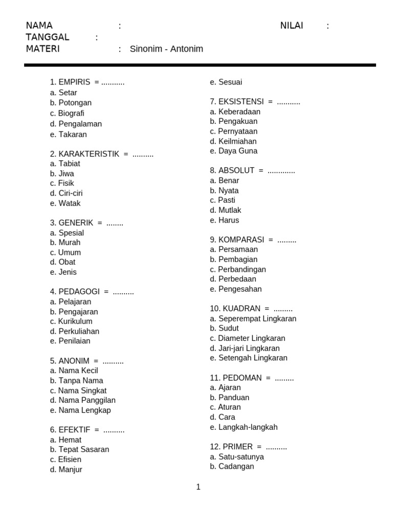 Soal Sinonim dan Antonim Kelas 2 SD PDF Soal Sinonim dan Antonim Kelas 2 SD PDF