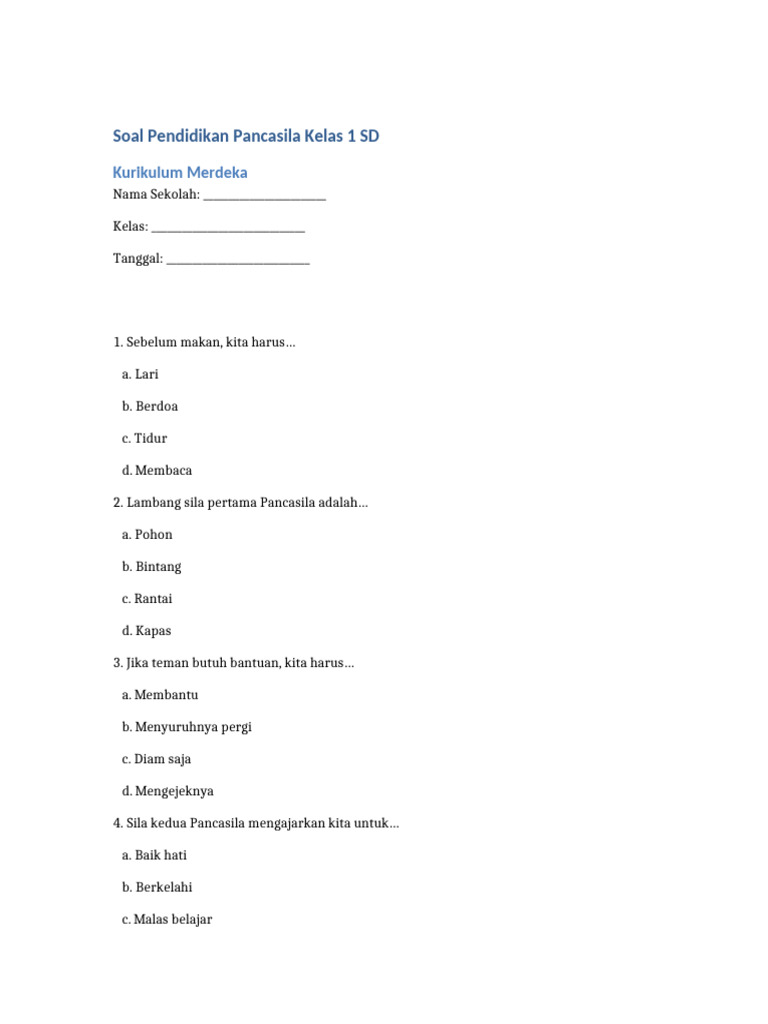 Soal Pancasila Kelas 1 Semester 1 PDF Soal Pancasila Kelas 1 Semester 1 PDF