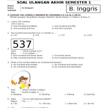 Download Soal PAS1 Bahasa Inggris Kelas 4 Siap Cetak, 7 Lembar Kerja Terbaik untuk Nilai Sempurna
