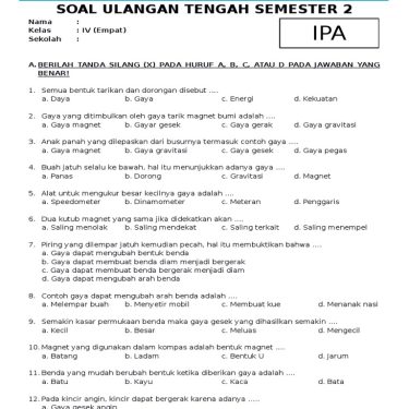 Download Soal PAT IPA Kelas 4 Semester 2 Pdf 7 Lembar Kerja Siswa Siap Cetak Wajib Tahu