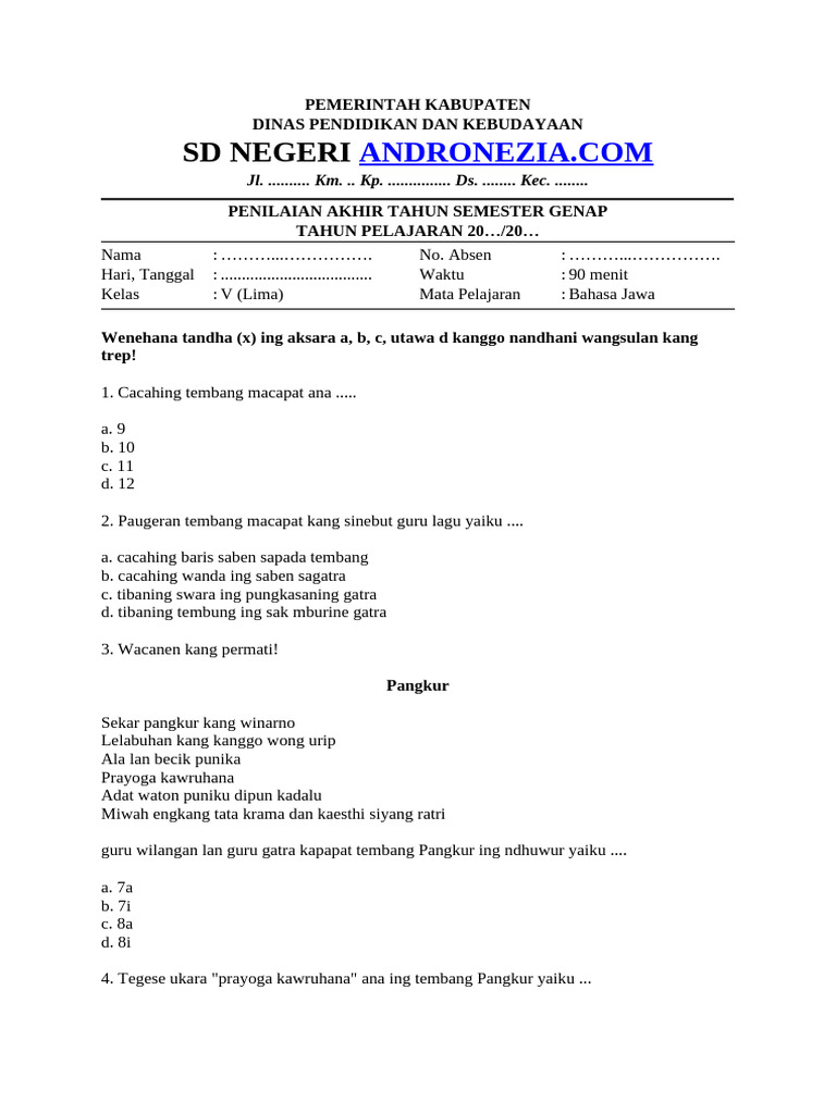 Soal PAT Bahasa Jawa Kelas 5 - 2 PDF Soal PAT Bahasa Jawa Kelas 5 - 2 PDF