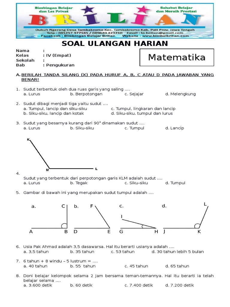 Download Soal PAS Matematika Kelas 4 SD Bab Sudut Lengkap dengan Kunci Jawaban 30 Soal Pilihan Ganda