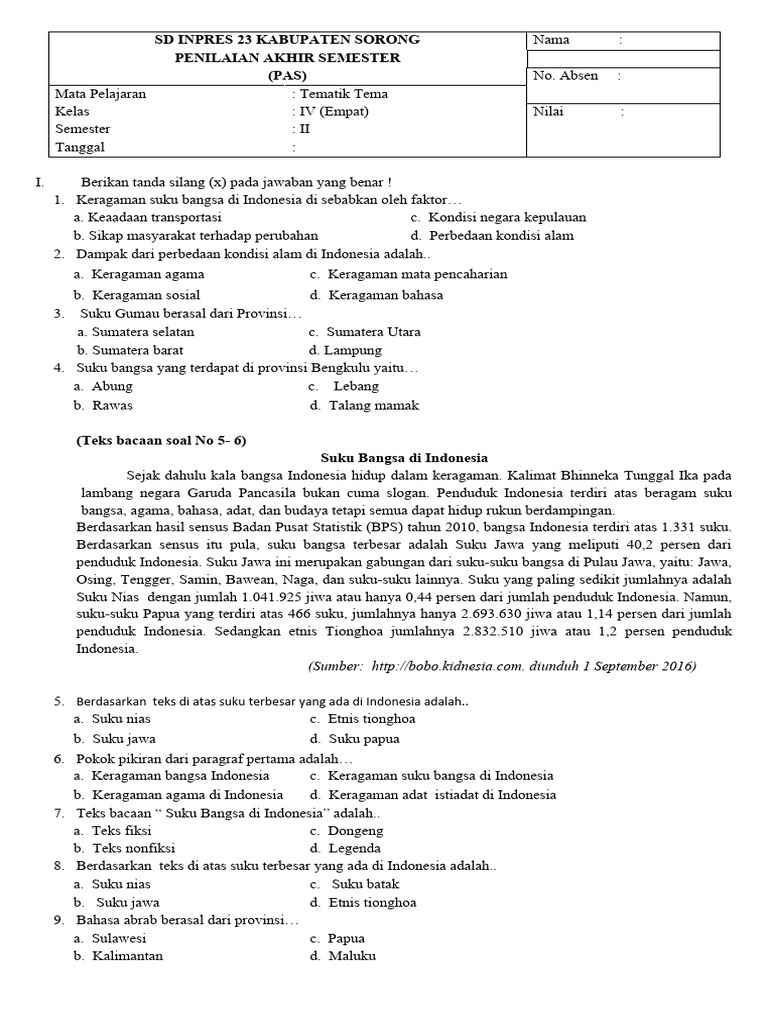 Penilaian Akhir Semester Tematik Kelas IV PDF Penilaian Akhir Semester Tematik Kelas IV PDF