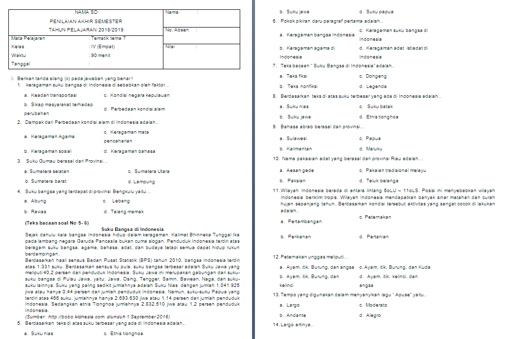 Download Soal PAS SD Kelas 4 Tema 7 Lengkap Kunci Jawaban untuk Persiapan Ujian 2026