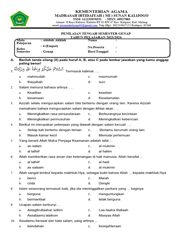 Download Soal PAT Aqidah Akhlaq Kelas 4 Semester 2 2026 Plus Kunci Jawaban Terlengkap