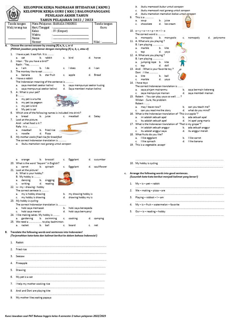 Download Soal PAT Bahasa Inggris Kelas 4 MI Lengkap Kunci Jawaban, Ternyata Ini 3 Pola Soal yang Sering Muncul