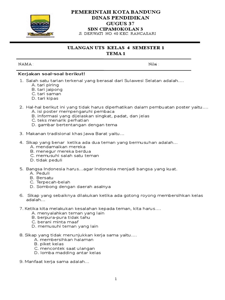 Terbukti Membantu! 7 Contoh Soal UTS Tema 1 Kelas 4 SD Swasta yang Jarang Diketahui