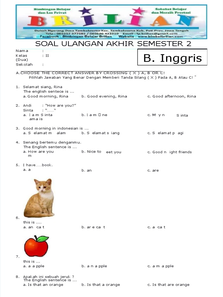 Ternyata Ini Dia Contoh Soal UAS Semester 1 Kelas 2 Bahasa Inggris Paling Lengkap Biar Nilai 100