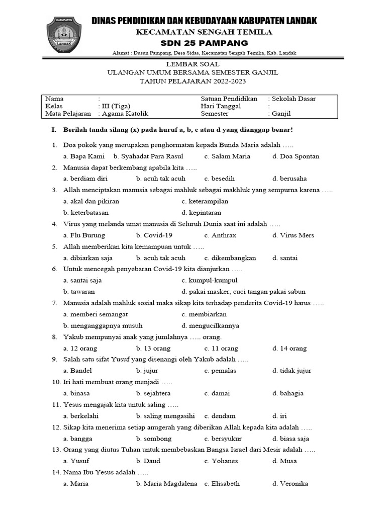 Ternyata Ini Kumpulan Soal Agama Katolik Kelas 3 SD Semester 1 Kurikulum 2013 yang Wajib Dikuasai Siswa