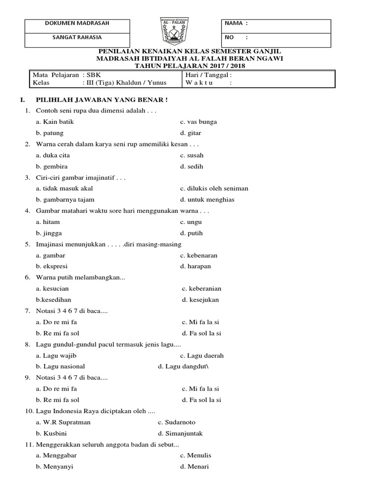 contoh soal uas sbk kelas 3 sd semester 2
