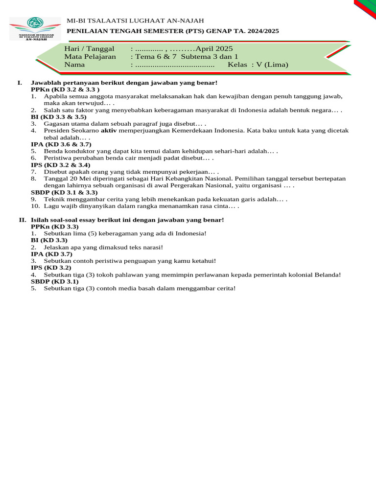 Download Sekarang Soal Tematik Kelas 5 Tema 6 Subtema 3 PDF Agar Nilai Ujian Melejit