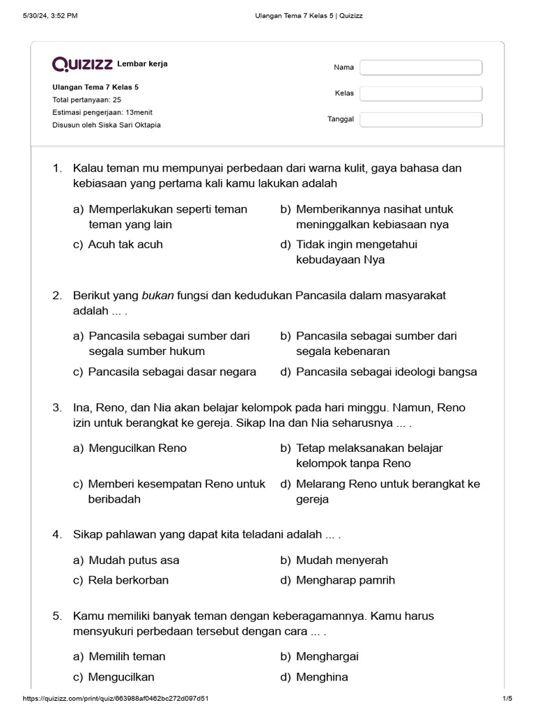 Rahasia Skor Sempurna Soal Tematik Kelas 5 Tema 7 Sub Tema 3 Nurul yang Wajib Tahu