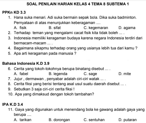 Wajib Tahu Bocoran Soal Penilaian Harian Tema 8 Kelas 4 Agar Nilai Langsung Maksimal