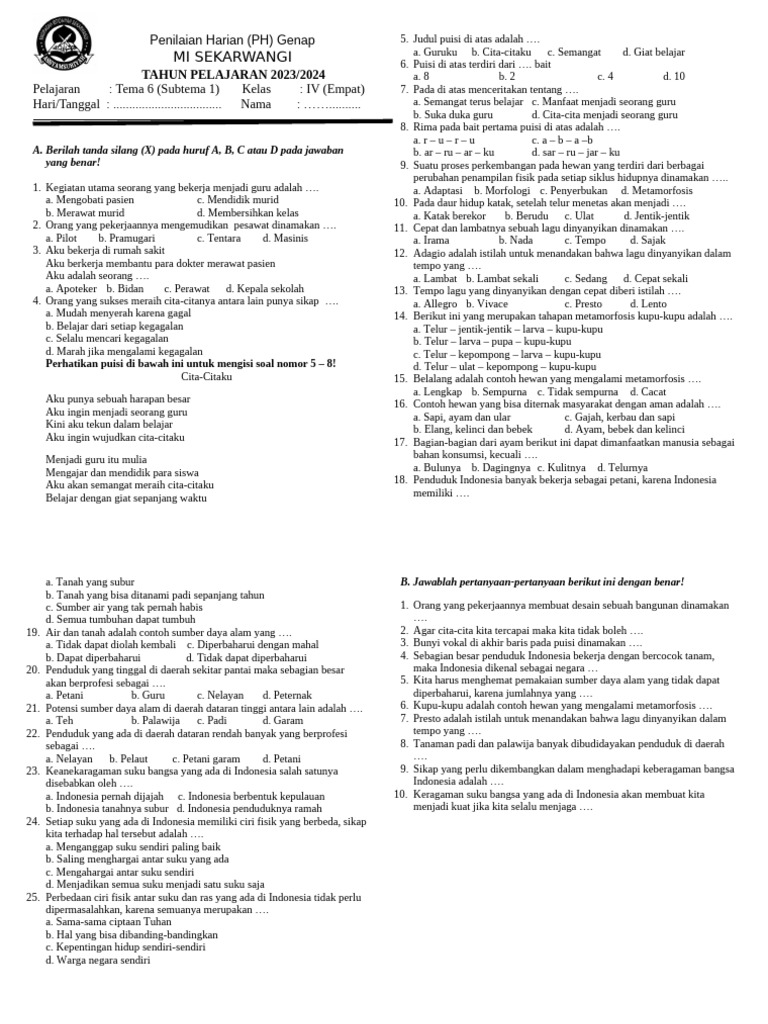 Wajib Tahu Rahasia Lulus Skor Maksimal soal penilaian harian tema 6 kelas 4 kurikulum 2013
